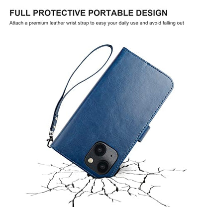 Bocasal Detachable Wallet Case Card Holder for iPhone 14, Blue | RFID Blocking Kickstand Card Slots Holder PU Leather Magnetic Shockproof Wrist Strap Removable Flip Protective Cover 6.1 inch - color: Blue