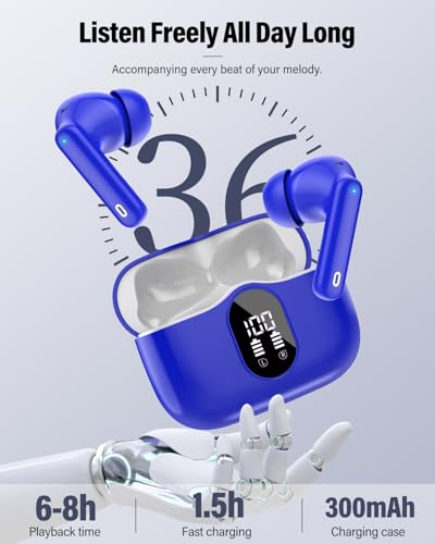 Wireless Earbuds, Bluetooth 5.4 Headphones Bass Stereo/Clear Calls, Blue - color: Blue