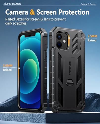 FNTCASE for iPhone 12 Case with Built-in Screen Protector and Kickstand | 20FT Military-Grade Drop Protection, Anti-Slip Matte Textured, Rugged Heavy Duty Shockproof TPU Protective Phone Cover - color: Black