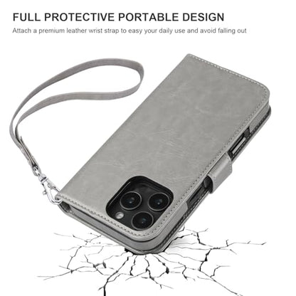 Bocasal Detachable Wallet Case Card Holder for iPhone 16 Pro Max Grey | RFID Blocking Kickstand Card Slots Holder PU Leather Magnetic Shockproof Wrist Strap Removable Flip Protective Cover 6.9 inch - color: Gray