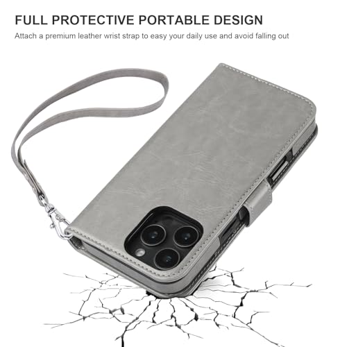 Bocasal Detachable Wallet Case Card Holder for iPhone 16 Pro Max Grey | RFID Blocking Kickstand Card Slots Holder PU Leather Magnetic Shockproof Wrist Strap Removable Flip Protective Cover 6.9 inch - color: Gray