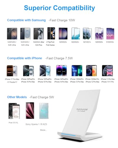 NANAMI Fast Wireless Charger - Charging Stand 7.5W Compatible with iPhone 18 Pro/18 Pro Max/17/17 Pro/17 Pro Max/16/15/14/13/12, 10W Phone Charger Dock for Samsung Galaxy S26/S26+/S25/S24/S23/S22 - color: Elegant White