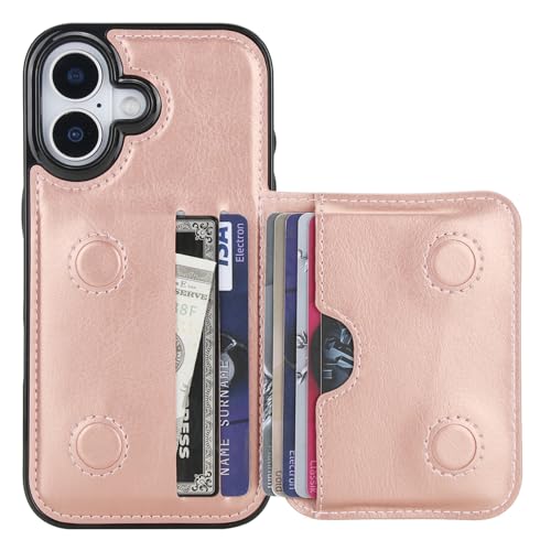 KIHUWEY Compatible with iPhone 17 Wallet Case Credit Card Holder, Premium Leather Kickstand Flip Hidden Magnetic Clasp Durable Shockproof Protective Cover for iPhone 17 6.3 inch (Rose Gold) - color: Rose Gold