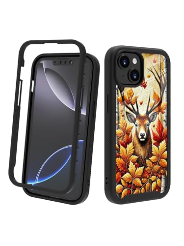 Compatible with iPhone 14 / iPhone 13 Case – Rugged Full-Body Protective Cover for Women Men Dual Layer Shockproof Bumper, Heavy-Duty Phone Case - Deer Fall Maple Leaf 098 - color: Deer Fall Maple Leaf 098