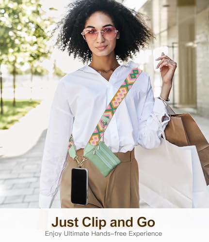 TiMOVO Clip and Go Phone Strap Crossbody with Leather Wallet, Adjustable Anti-Theft Lanyard with Pouch for Most Phone Case - color: Pink + Green + Yellow
