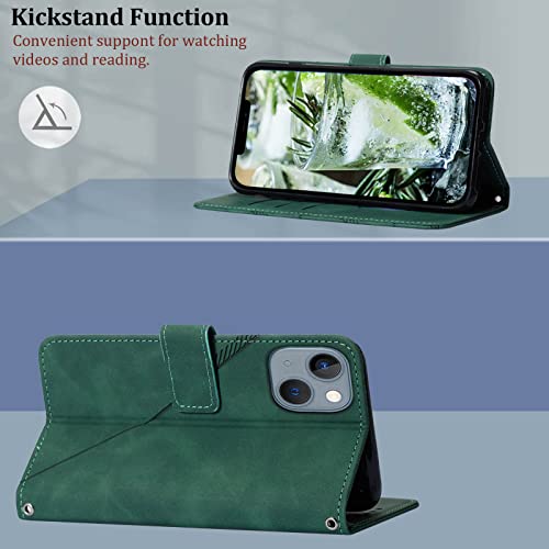 Wallet Case with Wrist Strap for iPhone 13/14 (Green) | Card Holder Slots, PU Leather, TPU Interior Protective, Stand, Folio Flip Cases Cover, 13/14 Phone 6.1 inch - color: Green