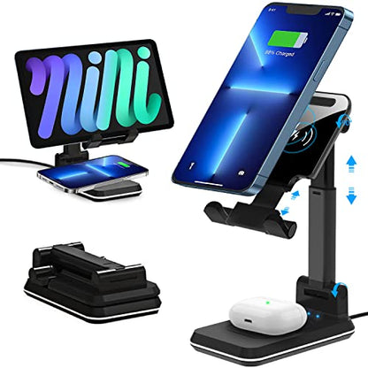 Dual 10W Wireless Charger, [Angle&Height Adjustable] Wireless Charging Desk Phone Holder Charger Stand, 2 in 1 Qi Fast Charging Dock for iPhone 16/15/14/13/12/11/MAX,AirPods,Samsung Galaxy S21/S20/S10