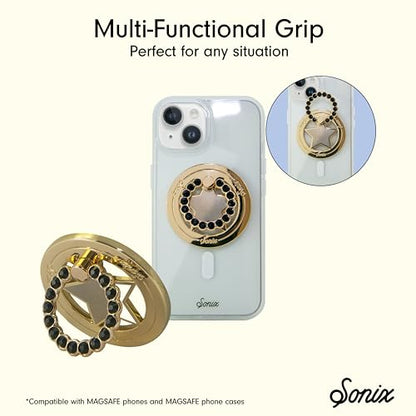 Sonix Magnetic Phone Grip and Phone Ring Holder - Compatible with MagSafe - Rotatable Kickstand and Phone Holder for iPhone 16, 15, 14, 13, 12 Series - Gold Star/Black Rhinestone - color: Gold Star / Black Rhinestone