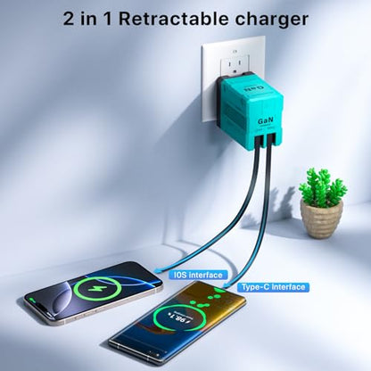 2 in 1 Retractable Gan Wall Charger with Dual Cables, Fast Charging 45W Retractable Phone Charger Wall Plug with 2 Charging Cable, USB C Chargers Block for iPhone 17 16 15 14 13, LG,Pixel - color: Blue