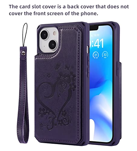 iCoverCase Compatible with iPhone 14 Wallet Phone Case with Card Holder for Women, RFID Blocking Embossed PU Leather Wrist Strap Case 6.1 Inch (Heart Dark Purple) - color: H-Dark Purple
