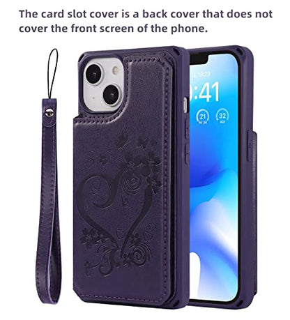 iCoverCase Compatible with iPhone 14 Wallet Phone Case with Card Holder for Women, RFID Blocking Embossed PU Leather Wrist Strap Case 6.1 Inch (Heart Dark Purple) - color: H-Dark Purple