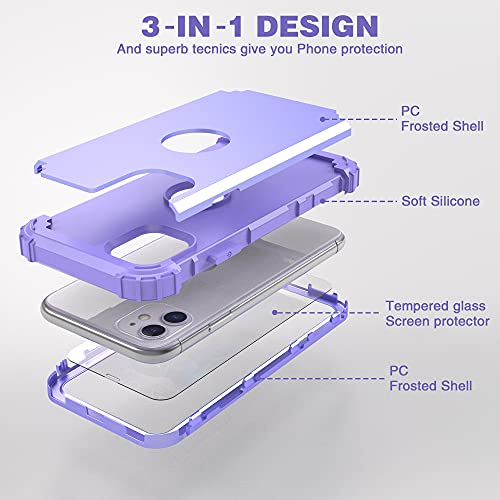 IDweel for iPhone 11 Case with Tempered Glass Screen Protector,Hybrid 3 in 1 Shockproof Heavy Duty Protection Hard PC Cover Soft Silicone Bumper Full Body Case for iPhone 11 6.1 Inch, Purple - color: Purple
