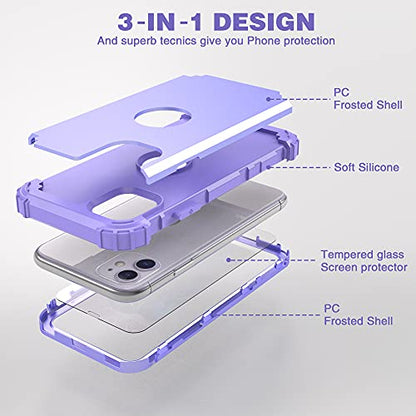 IDweel for iPhone 11 Case with Tempered Glass Screen Protector,Hybrid 3 in 1 Shockproof Heavy Duty Protection Hard PC Cover Soft Silicone Bumper Full Body Case for iPhone 11 6.1 Inch, Purple - color: Purple
