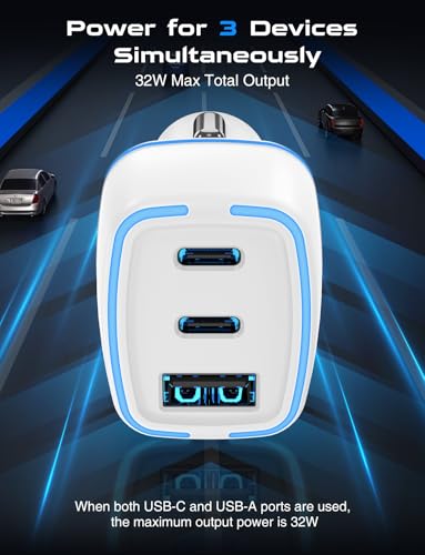 Hzevn USB C Car Charger, 3 Port PD Super Mini Cigarette Lighter Adapter, 2Pack USB-C & A Fast Car Charging for iPhone 16/15 Pro Max, Galaxy S25/S24, iPad, Pixel, Android Phones,White - color: White