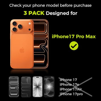 3-Pack Screen Protector for iPhone 17 Pro Max with [Easy Pull] Installation Frame,9H Hardness Tempered Glass,Ultra Resistant, HD Clear, Bubble-Free, Case Friendly[Not for Plus/Pro Models] - size: iPhone 17 Pro Max - 3 Pack