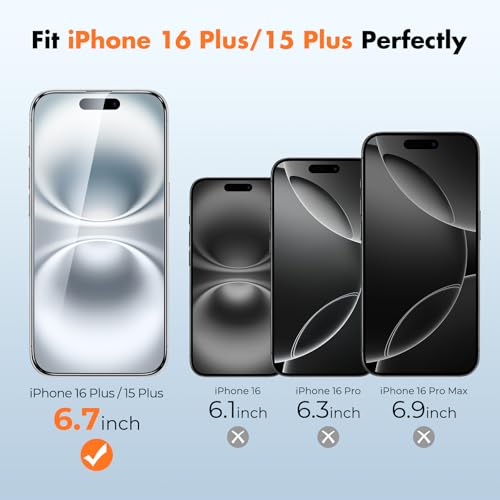 UNBREAKcable for iPhone 16 Plus Screen Protector, 3-Pack Full Coverage Tempered Glass [Military Grade Shatterproof] [9H Hardness] [Easy Installation Frame] [Bubble Free] for iPhone 16 Plus 6.7" - size: iPhone 15 Plus/16 Plus