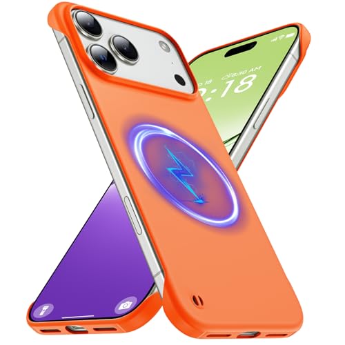GRECAZO Magnetic Slim Frameless Case for iPhone 17 Pro, Orange | Compatible with MagSafe, Soft-Touch Matte Hard PC Cover, Ultra Thin Lightweight Minimalist, Pull Ring Lanyard, 6.3-Inch - color: Orange, size: iPhone 17 Pro