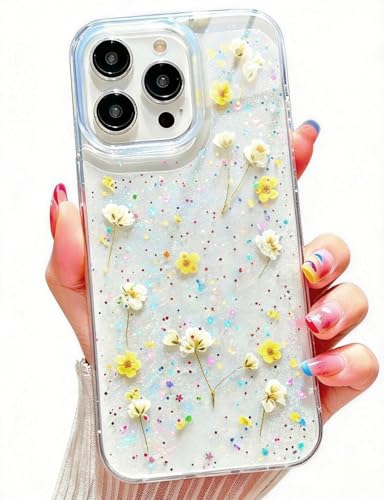 IAIYOXI for iPhone 11 Pro Max Clear Case with Pressed Real Flowers Design - Glitter Cute White Floral Pattern, Slim Soft TPU Protective Phone Cover for Women and Girls (Yellow) - color: Yellow, size: iPhone 11 Pro Max