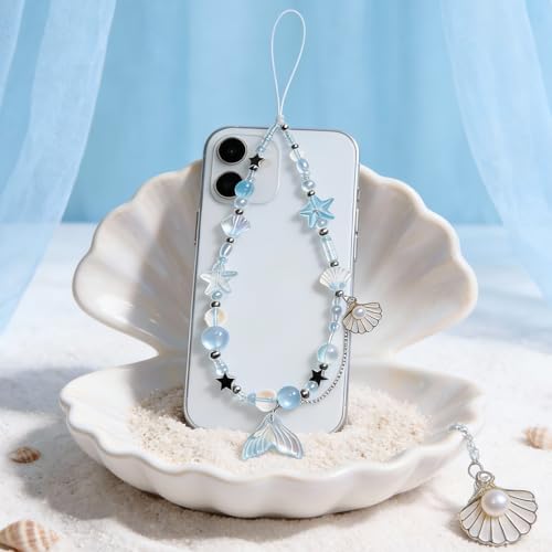 Cute Beaded Camera Wrist Strap for Phone, Digital Camera Charm Lanyard, Pearl Beaded Chain for Bag Keychain Gift - color: Mermaid