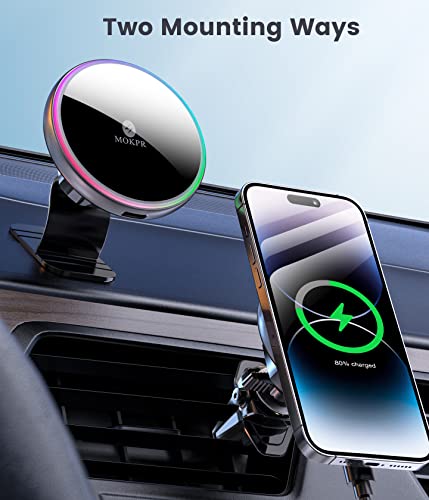 for Magsafe Car Mount Charger 15W LED RGB Car Phone Holder for Dash Vent - color: Brigh Black