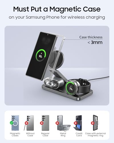 3 in 1 Magnetic Wireless Charger for Samsung Galaxy, Foldable Fast Charging Station for MagSafe Samsung Galaxy S26 Ultra S25 S24 Z Fold Flip 8 Watch 8 7 Buds 4 3 Pro,Not for Samsung Watch 9/Ultra 2 - color: Black