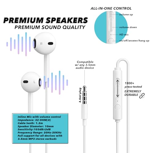 Wired Earbuds with Microphone, 3.5mm in‑Ear Headphones with Inline Volume Control, Plug‑in Earphones for Laptops, Tablets, and Phones – White