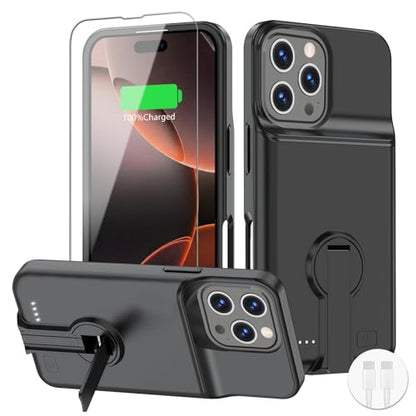 BOPPS Battery Case for iPhone 16 Pro with Stand，Slim Powerful 8500mAh Portable Rechargeable Protective Extended Charger Cover for iPhone 16 Pro Charging Case,Black