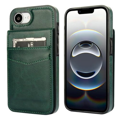 KIHUWEY for iPhone 17e/16e Wallet Case Card Holder Kickstand, Dark Green | Credit Card Slots, PU Leather, Magnetic Clasp, Flip Heavy Duty Protection Cover for Men and Women - color: Dark Green