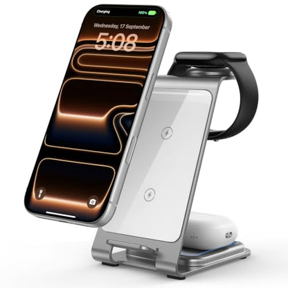 Intoval Aluminum 3 in 1 Wireless Charging Station for iPhone 17 16 15 14 13 12 11 Pro Max XR, Wireless Charger for Apple Watch 11 10 9 8 7 Ultra SE 3 2, Phone Charger for AirPods 4 Pro 2 3 (Silver) - color: Silver