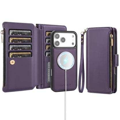 Antsturdy Compatible with MagSafe iPhone 17 Pro Max Wallet Case,Purple | Detachable Magnetic Credit Card Holder,RFID Blocking,PU Leather Zipper Purse,Wrist Strap Kickstand,Flip Phone Cover for Women - color: (Detachable with Magsafe)-Purple