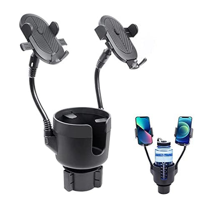 JINKEY Dual Cup Holder Phone Mount for Car, 2-in-1 Car Cup Holder Expander with Adjustable Gooseneck, 360° Rotating Cell Phone Holder, Adjustable Base for 4–6.7 in Smartphones
