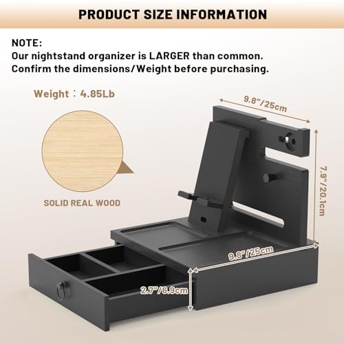 Wood Phone Docking Station, Nightstand Organizer with Drawer - color: Classic Black, size: Without charging station