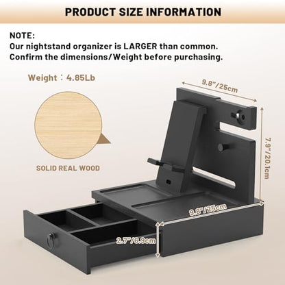 Wood Phone Docking Station, Nightstand Organizer with Drawer - color: Classic Black, size: Without charging station
