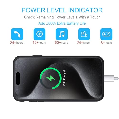 Battery Case for iPhone 15 Pro Max,12000mAh Portable Protective Charging Case with Wireless Charging Compatible for iPhone 15 Pro Max (6.7 inch) Extended Battery Pack Charger Case with Carplay (Black) - size: iPhone 15 Pro Max
