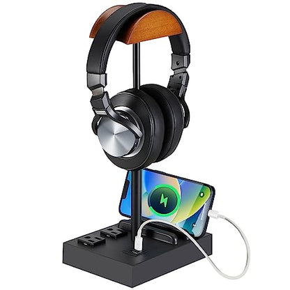 CASTLELIFE Headphone Stand Desktop Gaming Headset Holder with 2 AC Outlets and USB C&A Ports, Charging Station&Phone Stands, Wood Earphone Table Game Accessories for Desktop Gamer, Black