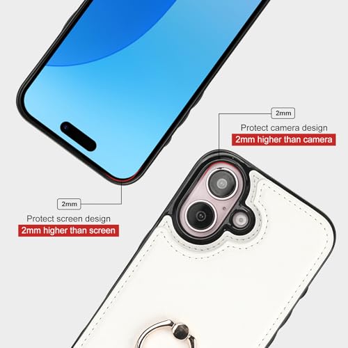 Folosu Compatible with iPhone 16 Case Wallet with Card Holder, 360°Rotation Finger Ring Holder Kickstand, RFID Blocking Leather Protective Double Buttons Shockproof Cover 6.1 Inch White - color: White