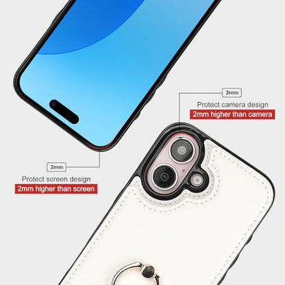 Folosu Compatible with iPhone 16 Case Wallet with Card Holder, 360°Rotation Finger Ring Holder Kickstand, RFID Blocking Leather Protective Double Buttons Shockproof Cover 6.1 Inch White - color: White