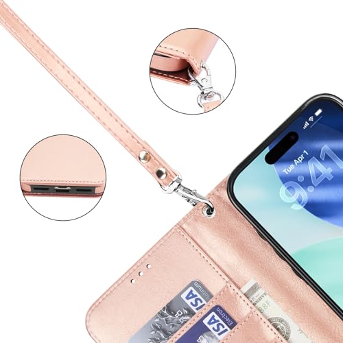 Bocasal Detachable Wallet Case Card Holder for iPhone 17 Pro Max Rose Gold | RFID Blocking Kickstand Card Slots Holder PU Leather Magnetic Shockproof Wrist Strap Removable Flip Protective Cover 6.9 inch - color: Rose Gold