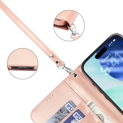 Bocasal Detachable Wallet Case Card Holder for iPhone 17 Pro Max Rose Gold | RFID Blocking Kickstand Card Slots Holder PU Leather Magnetic Shockproof Wrist Strap Removable Flip Protective Cover 6.9 inch - color: Rose Gold