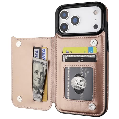 ONETOP for iPhone 17 Pro Max Wallet Case with Credit Card Holder,Rosegold | Kickstand,ID/Cash Holder,Case Wallet with Card Slots,Double Magnetic Clasp,Durable PU Leather Shockproof Cover for Women Men - color: Rose Gold