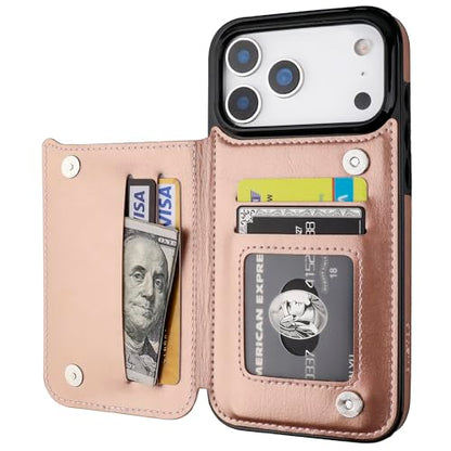 ONETOP for iPhone 17 Pro Max Wallet Case with Credit Card Holder,Rosegold | Kickstand,ID/Cash Holder,Case Wallet with Card Slots,Double Magnetic Clasp,Durable PU Leather Shockproof Cover for Women Men - color: Rose Gold