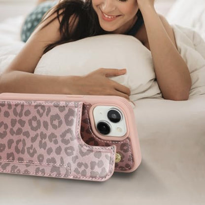 iCoverCase Compatible with iPhone 14 Case with Card Holder, Wallet Case for Women Men RFID Blocking PU Leather Protective Phone Case 6.1 Inch (Rose Gold Leopard) - color: Rose Gold Leopard