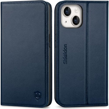 SHIELDON Genuine Leather Case Wallet for iPhone 14 6.1" 2022, Navy Blue | Folio Magnetic Closure, RFID Blocking, Credit Card Holder, Kickstand, Shock Absorbing Protective Cover - color: Navy Blue