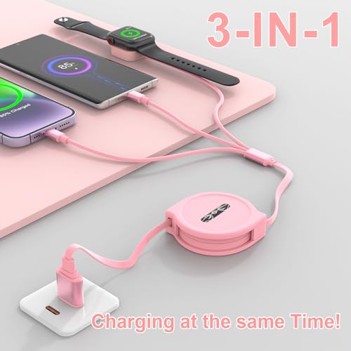 MTAKYI Retractable Multi 3-in-1 USB C+Lightning Charging Cable+Apple iWatch Charger Cable,Travel Multiple Car Charge Cord for iWatch Series 9 8 7 6 5 SE/iPhone 14 13 12 Pro/Samsung -Pink