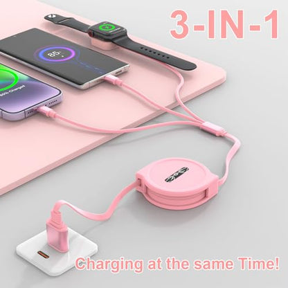 MTAKYI Retractable Multi 3-in-1 USB C+Lightning Charging Cable+Apple iWatch Charger Cable,Travel Multiple Car Charge Cord for iWatch Series 9 8 7 6 5 SE/iPhone 14 13 12 Pro/Samsung -Pink