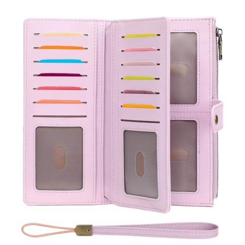 GAEKEAO Wallets for Women Leather RFID Blocking Large Capacity Card Case Ladies Wristlet Clutch Wallets Zipper Pocket with 4 ID Windows 21 Card Slots - color: Purple