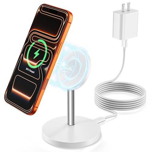 Magnetic Wireless Charger Stand, 25W Fast Mag Safe Charger iPhone Stand, 6FT Magnet Wireless Charging Station Pad with 35W Adapter for iPhone 17 Air 17 Pro 17 Pro Max 16 15 14 13 12, AirPods Pro 2/3/4 - color: White