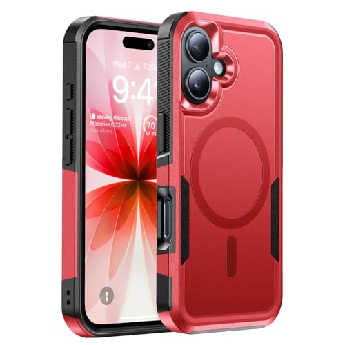 Magnetic for iPhone 16 Case Rugged Dual-Layer Shockproof Red | Military-Grade Heavy Duty Protection, Fit for Magsafe, Matte Finish Scratch Resistant Anti-Fingerprint, Anti-Slip Phone Cover - color: Red