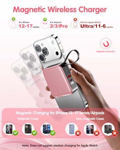 10000mAh for Magsafe Portable Charger Built-in Cables & AC Wall Plug,Pink | 6-in-1,PD 22.5W USB C Fast Charging,15W Magnetic Wireless Charging,Charge 5 devices at once,LED Display Travel Power Bank - color: Pink