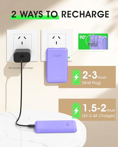 TG90° 5000mah Ultra Slim Power Bank Built-in AC Plug & 2 Cables,2 Pack White & Purple - color: 2Pack-White&Purple
